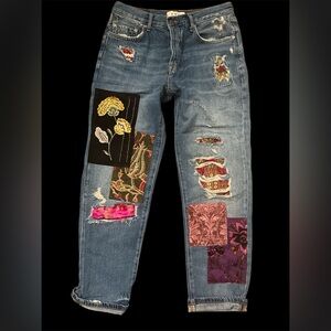 vintage free people embellished luxe boyfriend jeans 27x28 velvet patch WOW